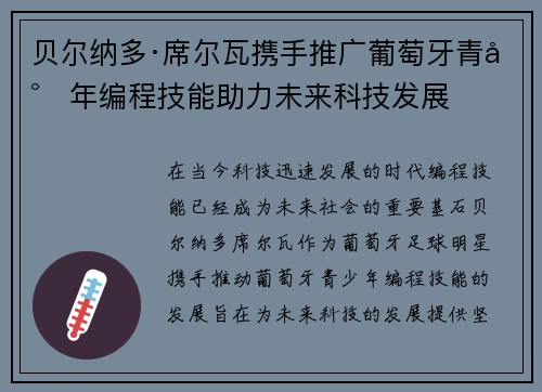 贝尔纳多·席尔瓦携手推广葡萄牙青少年编程技能助力未来科技发展