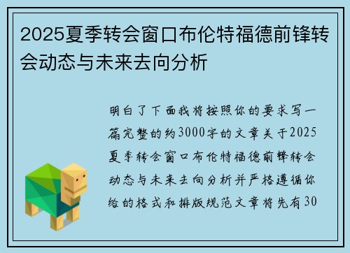 2025夏季转会窗口布伦特福德前锋转会动态与未来去向分析