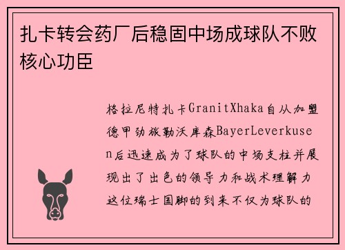 扎卡转会药厂后稳固中场成球队不败核心功臣
